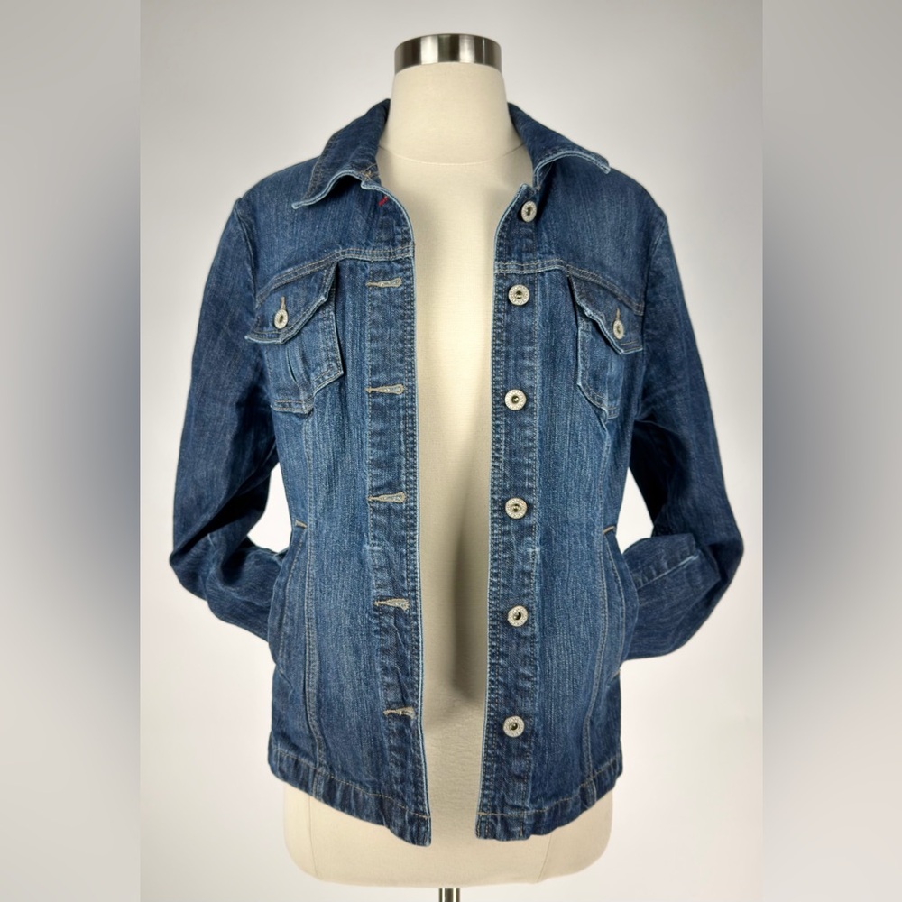 Tommy Hilfiger Denim Jacket Women's Size L Dark Wash Trucker Jean Jacket Classic